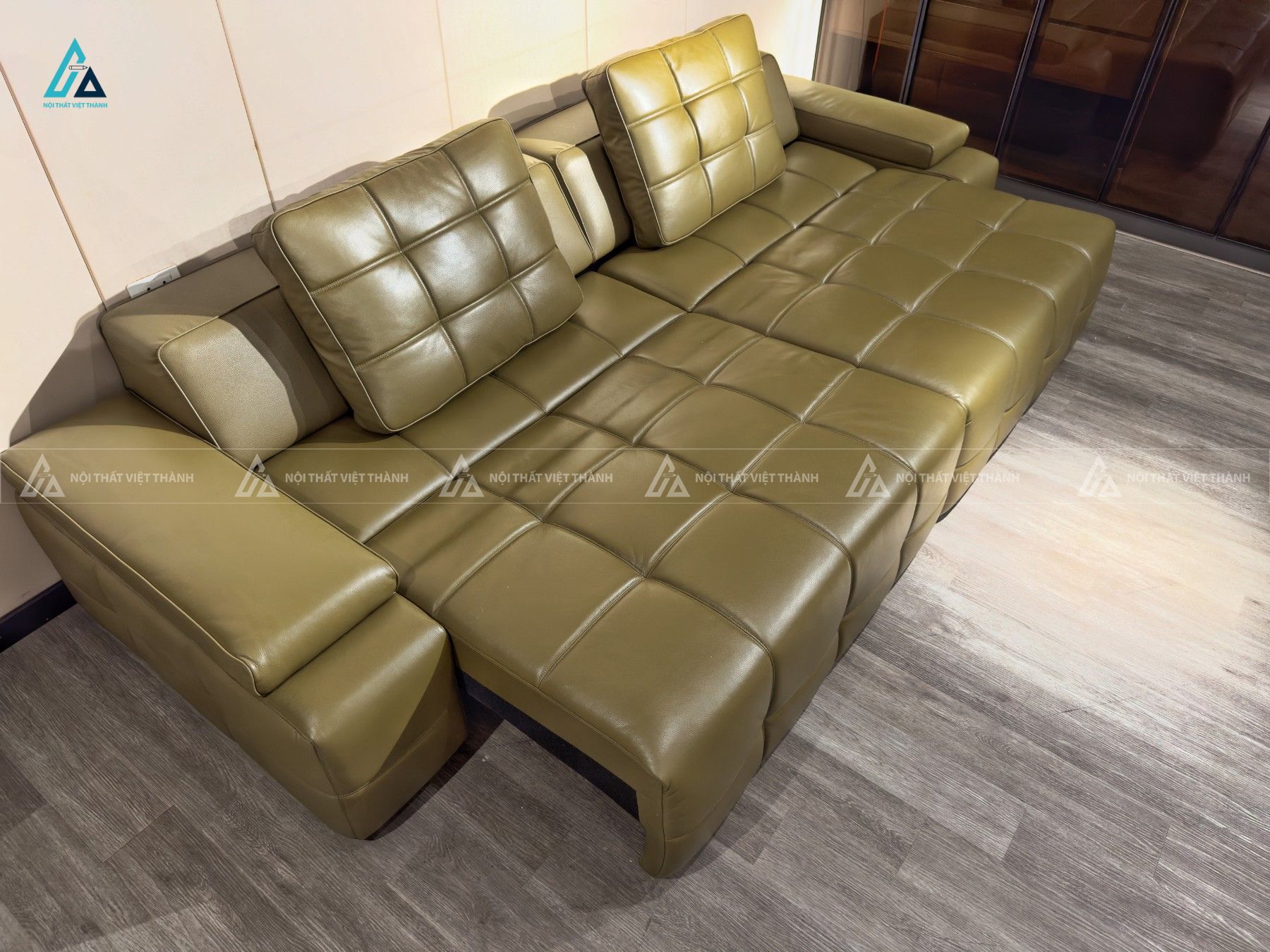 Sofa da hiện đại thiết kế phao bập bềnh màu xanh rêu độc đáo 2