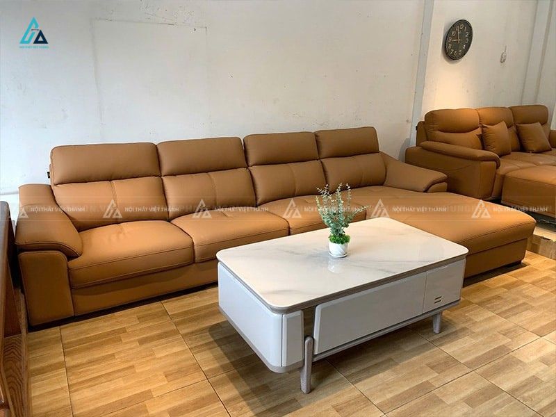 Sofa da góc chữ l màu vàng bò sang trọng cho phòng khách rộng 2