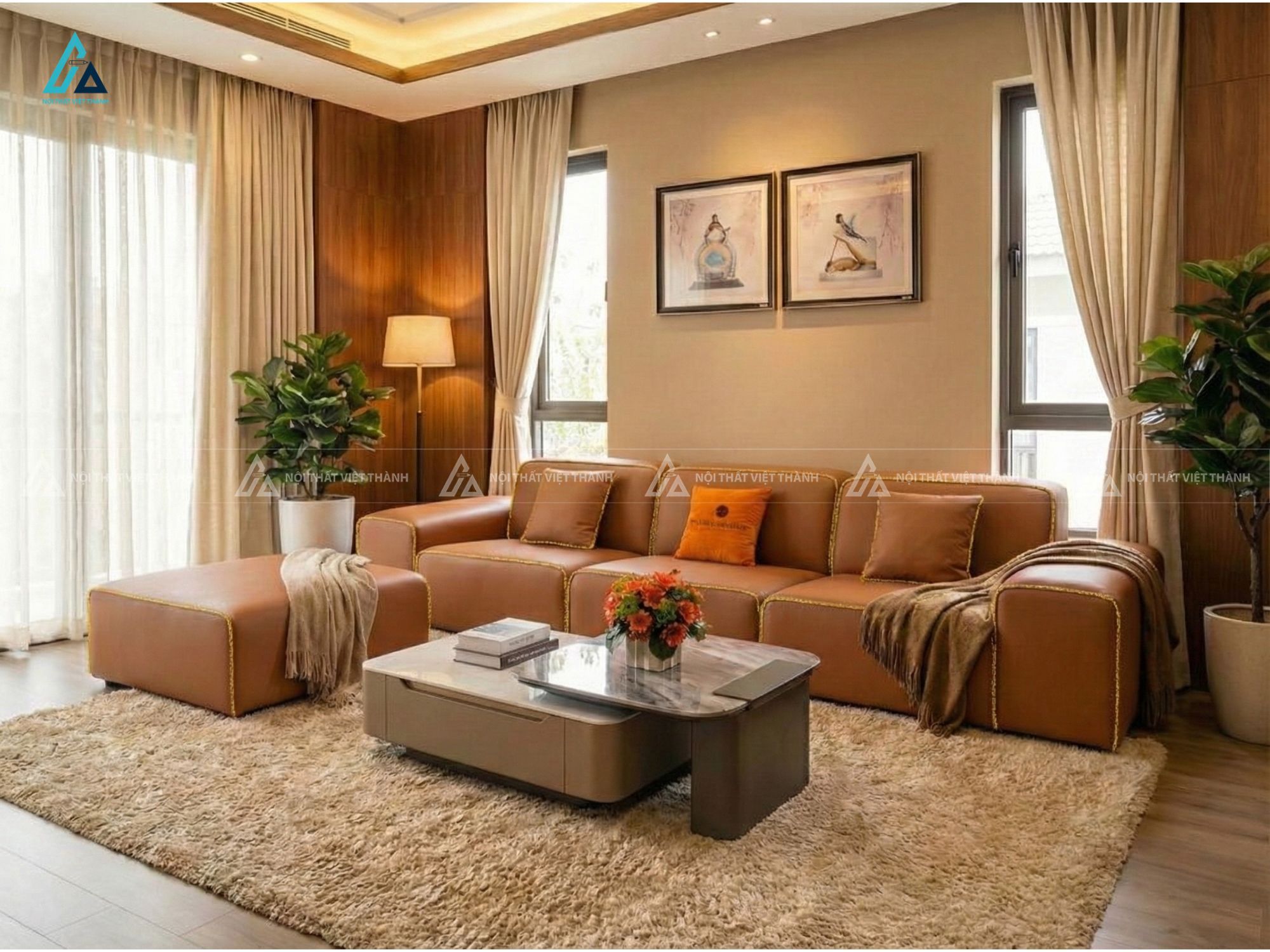Sofa da hiện đại màu cam đất sang trọng cho phòng khách chung cư 3