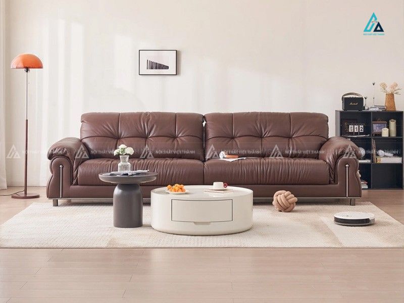 Sofa da băng dài thiết kế đệm múi sang trọng cho phòng khách
