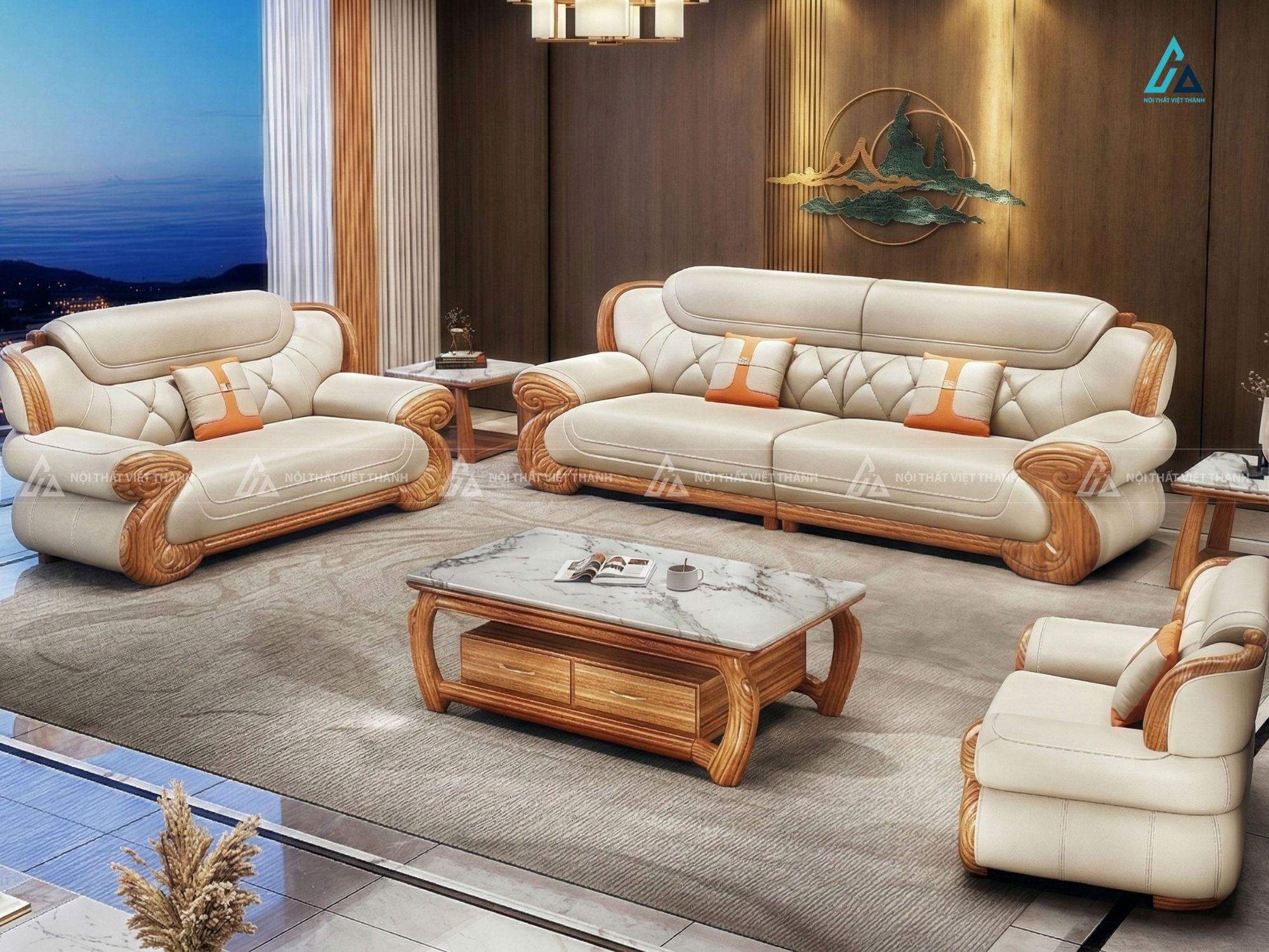 Bộ sofa da khung gỗ cao cấp cho phòng khách sang trọng