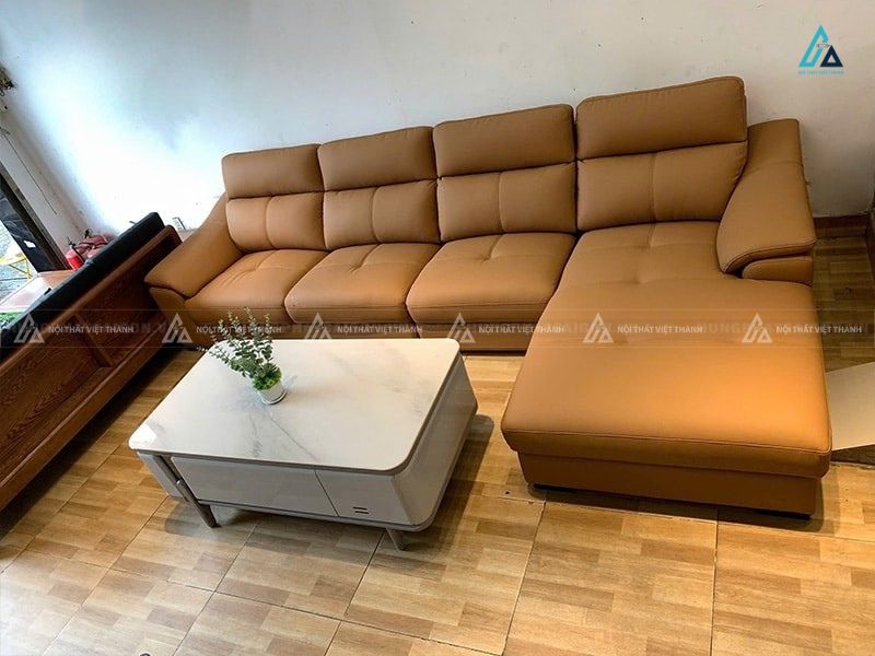 Sofa da góc chữ l màu vàng bò sang trọng cho phòng khách rộng 3