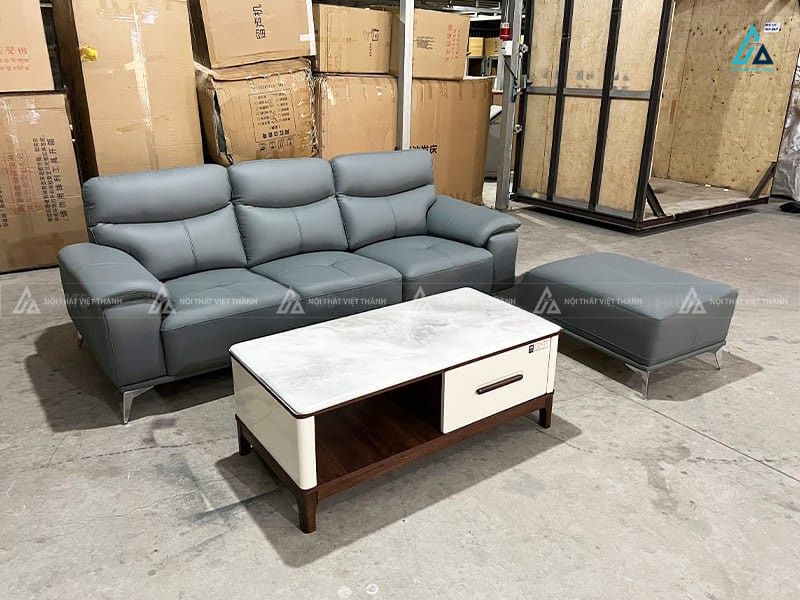 Bộ sofa da 3 chỗ chân mạ vàng sang trọng kèm đôn lớn 3