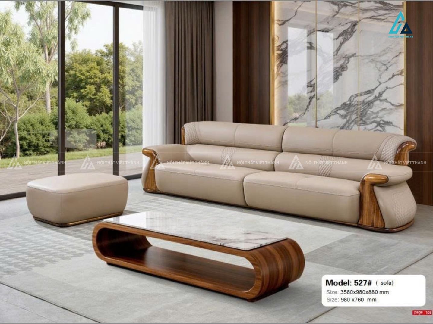 Bộ sofa da văng dài khung gỗ tự nhiên thiết kế tân cổ điển