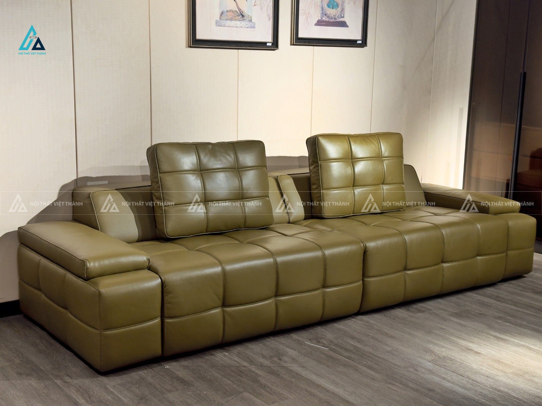 Sofa da hiện đại thiết kế phao bập bềnh màu xanh rêu độc đáo 3