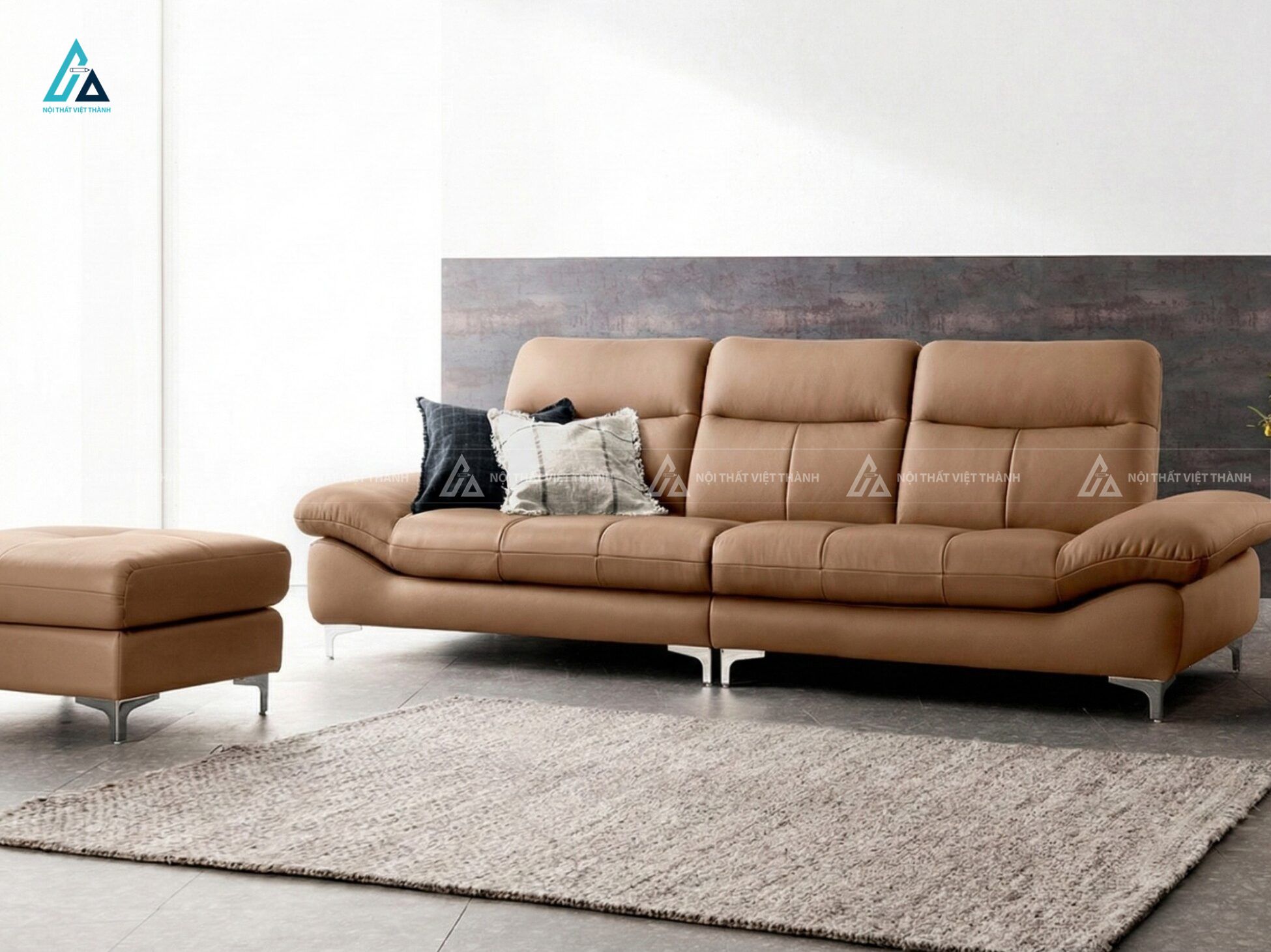 Sofa da hiện đại chân kim loại thanh lịch cho phòng khách