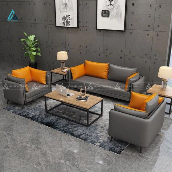 Bộ sofa da hiện đại chân kim loại phối gối tựa cá tính
