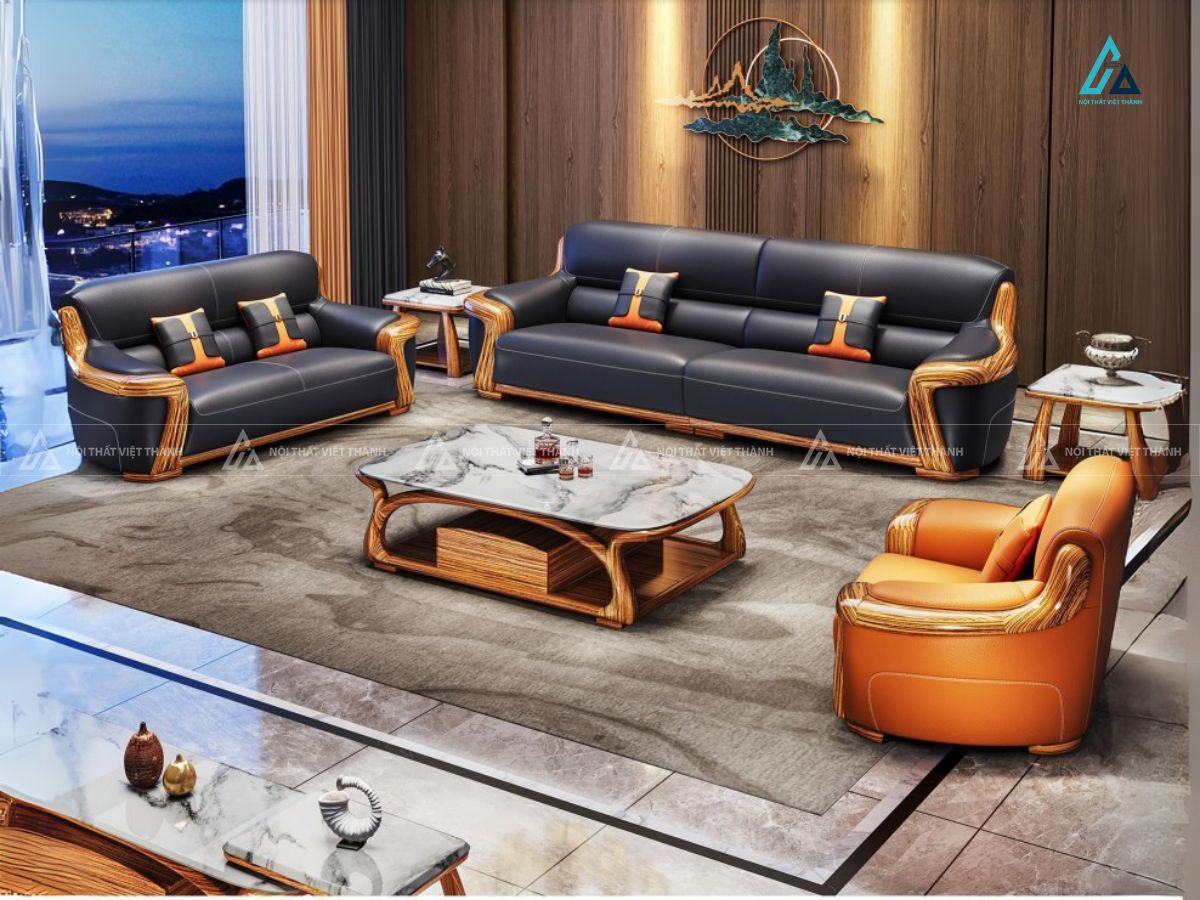 Bộ sofa da khung gỗ tự nhiên chạm khắc sang trọng bề thế
