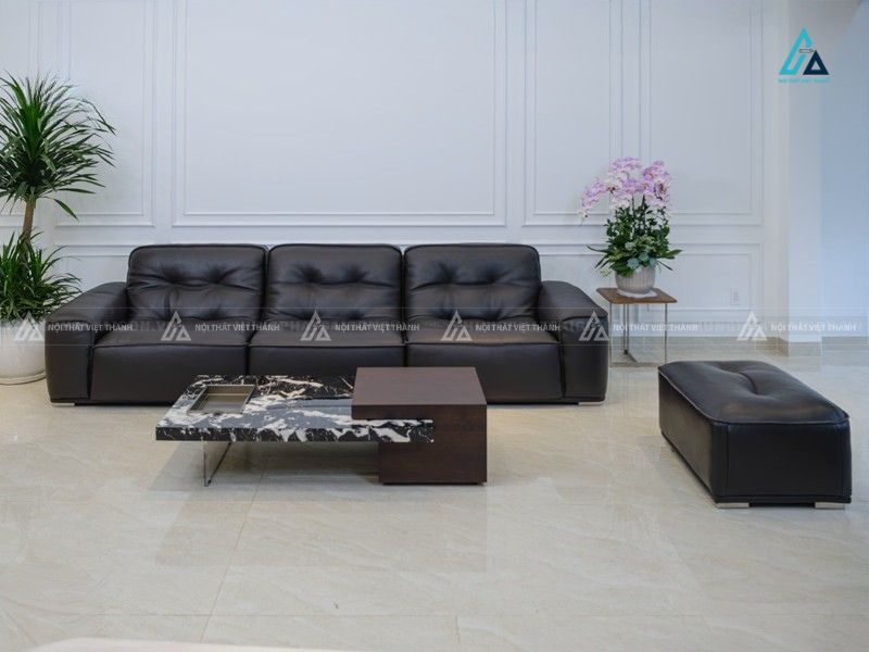 Bộ sofa da văng 3 chỗ màu đen sang trọng kèm đôn cho biệt thự 4