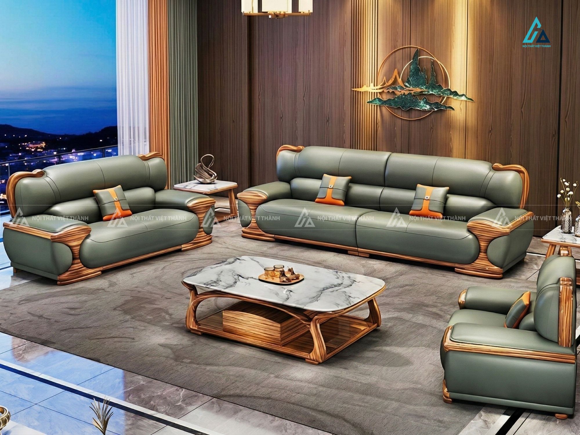 Bộ sofa da khung gỗ chạm khắc sang trọng cho phòng khách