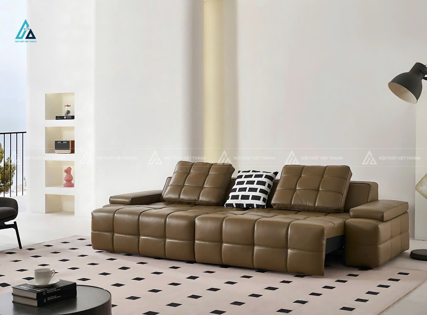 Sofa da hiện đại thiết kế phao bập bềnh màu xanh rêu độc đáo 4