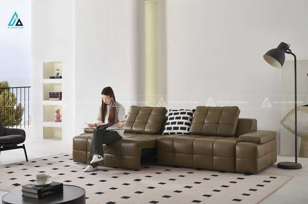 Sofa da hiện đại thiết kế phao bập bềnh màu xanh rêu độc đáo 5