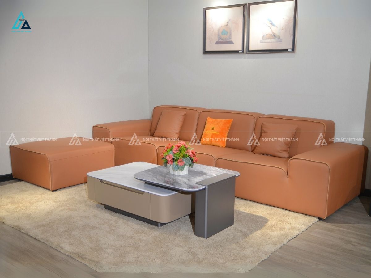 Sofa da hiện đại màu cam đất sang trọng cho phòng khách chung cư 5