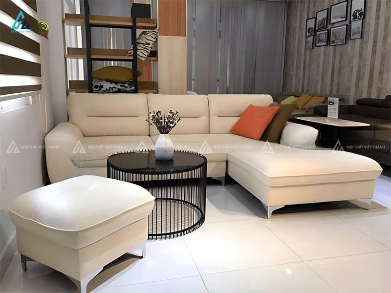 Sofa da góc chữ l chân kim loại kèm đôn rời hiện đại