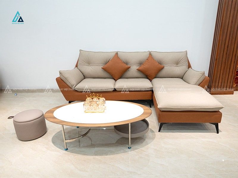 Sofa góc chữ l phối màu cam xám hiện đại cho phòng khách