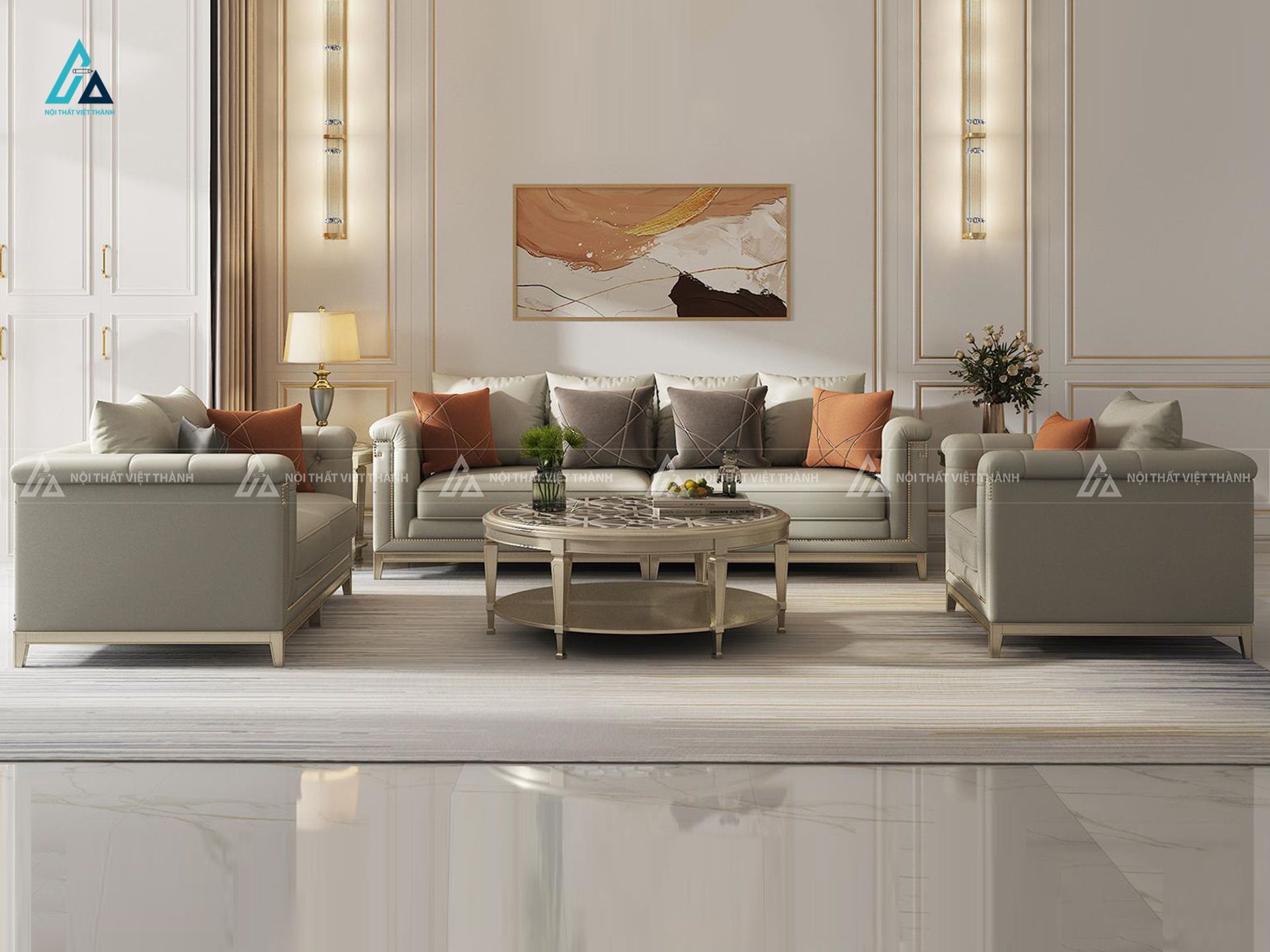 Bộ bàn ghế sofa vải nỉ tân cổ điển đẳng cấp cho phòng khách