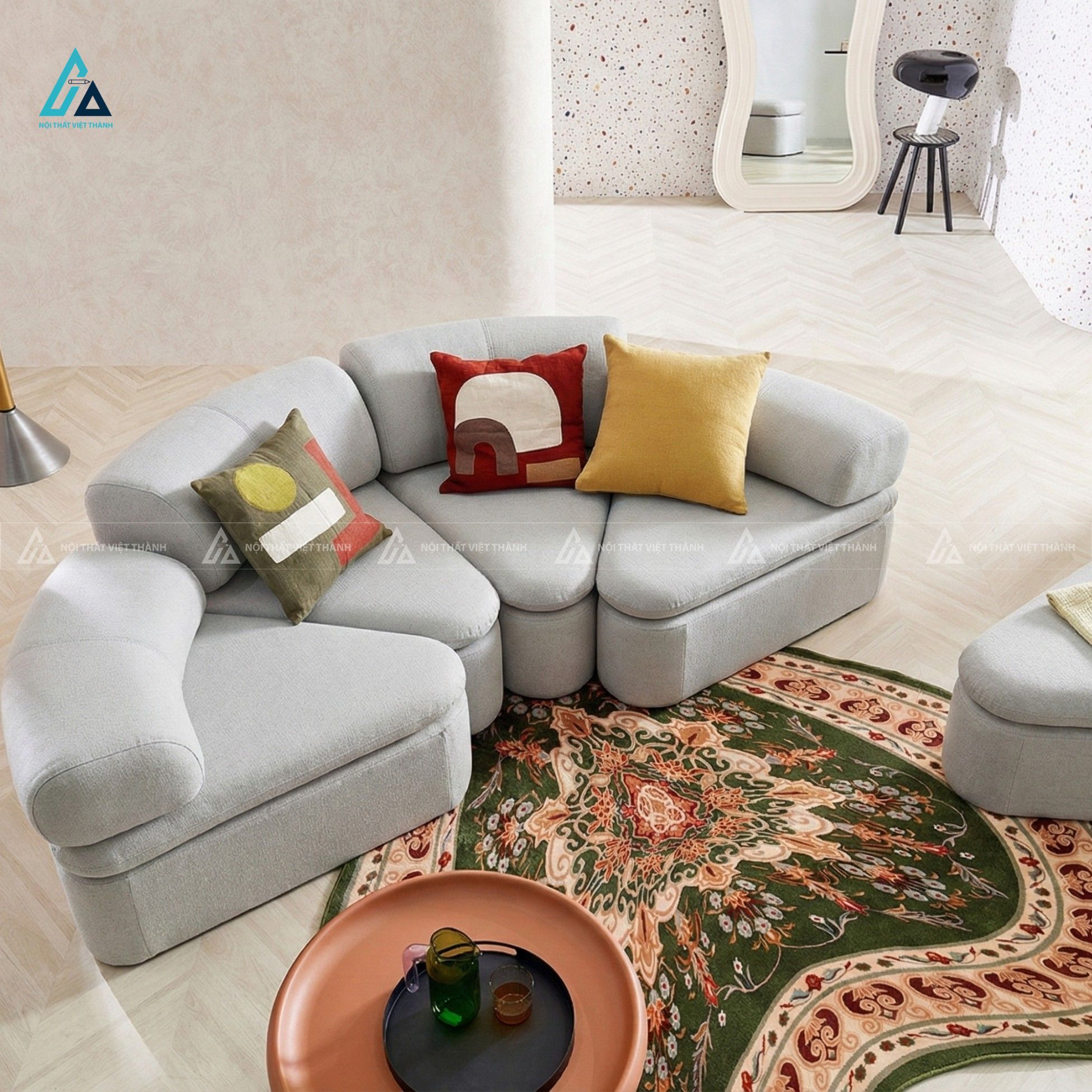 Bộ ghế sofa vải nỉ thiết kế kiểu dáng bo tròn hiện đại 1