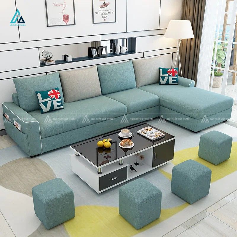 Sofa vải nỉ chữ l hiện đại tích hợp túi đồ tiện lợi cho chung cư