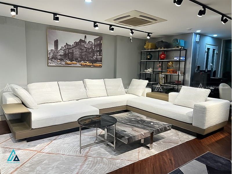Bộ sofa vải nỉ chữ l hiện đại tích hợp kệ gỗ tiện dụng
