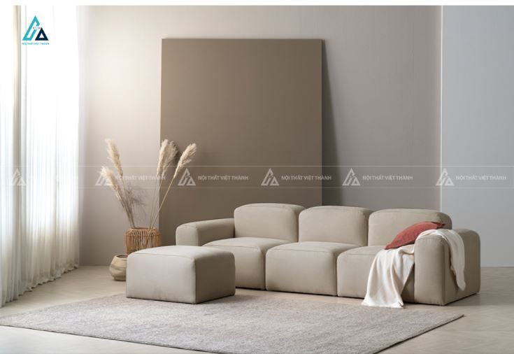 Sofa nỉ module dáng bệt tối giản kèm ghế đôn vuông hiện đại
