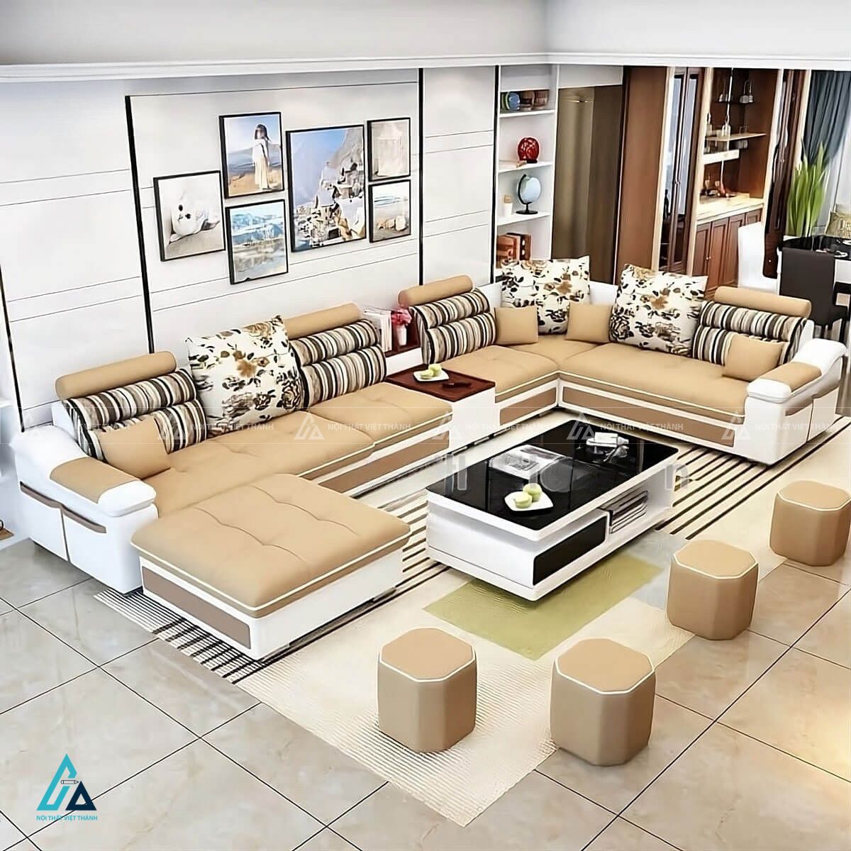 Bộ sofa nỉ chữ u cao cấp tích hợp ngăn kéo hiện đại 1