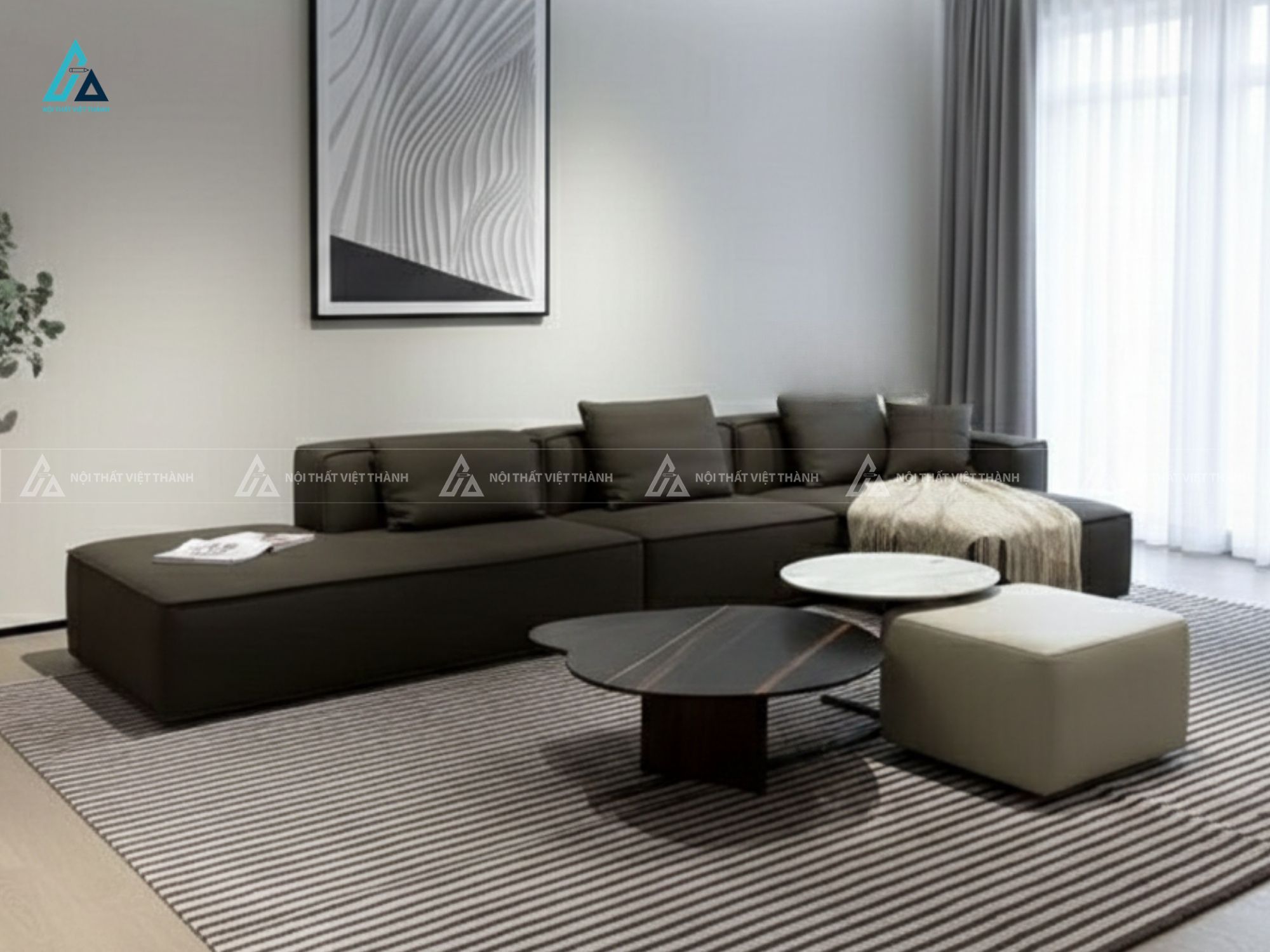 Bộ sofa vải nỉ thiết kế phao hiện đại màu xám trung tính