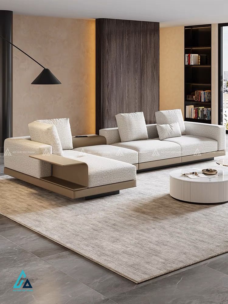 Sofa nỉ chữ l thiết kế đơn giản tích hợp kệ gỗ tiện dụng 1