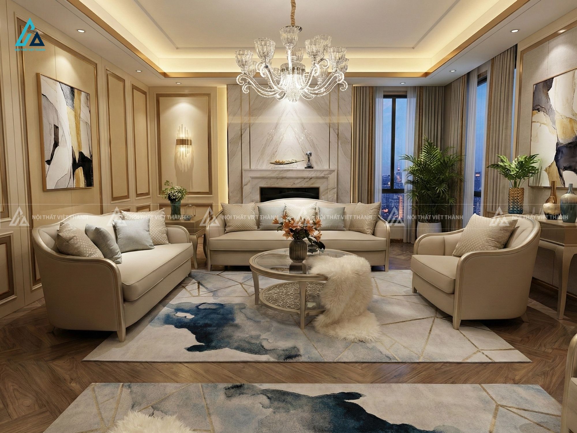 Bộ ghế sofa vải nỉ tân cổ điển sang trọng cho phòng khách