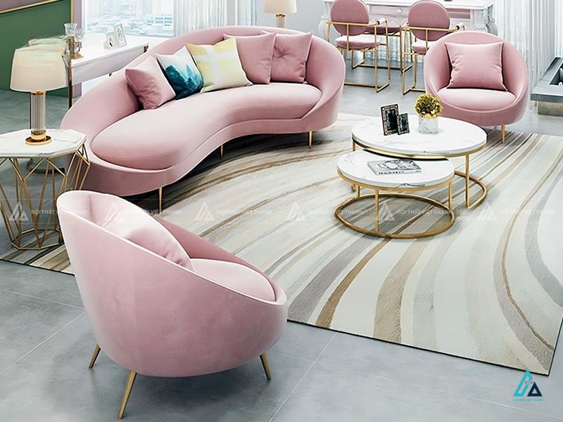 Sofa vải nỉ chân inox mạ vàng dáng cong nghệ thuật sang trọng 1