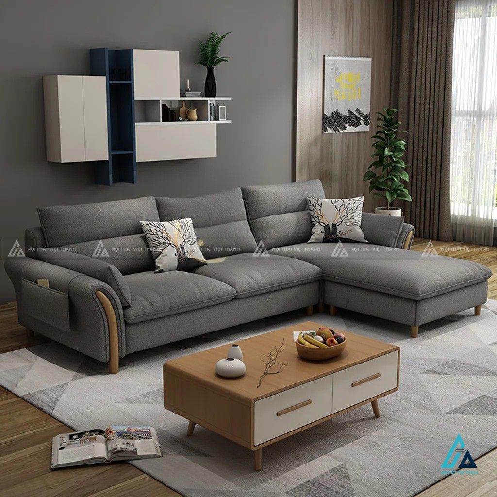 Sofa vải nỉ chữ l chân gỗ tối ưu diện tích phòng khách nhỏ