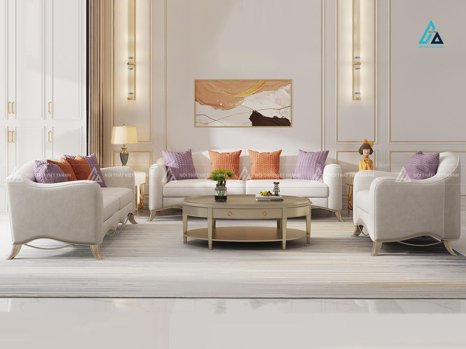 Bộ bàn ghế sofa vải nỉ tân cổ điển kiểu dáng chân uốn lượn