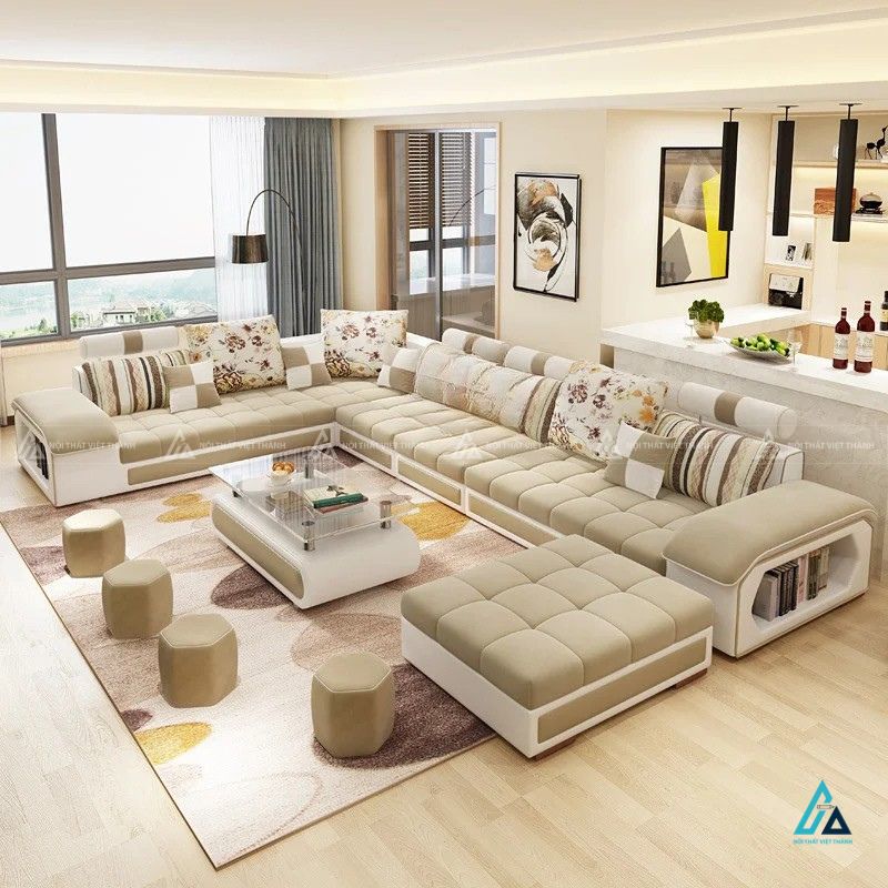 Sofa vải nỉ chữ u cao cấp tích hợp kệ trang trí hiện đại 1
