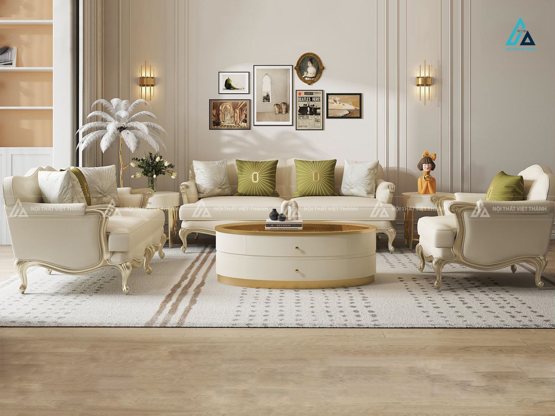 Bộ ghế sofa vải nỉ tân cổ điển chân uốn lượn sang trọng