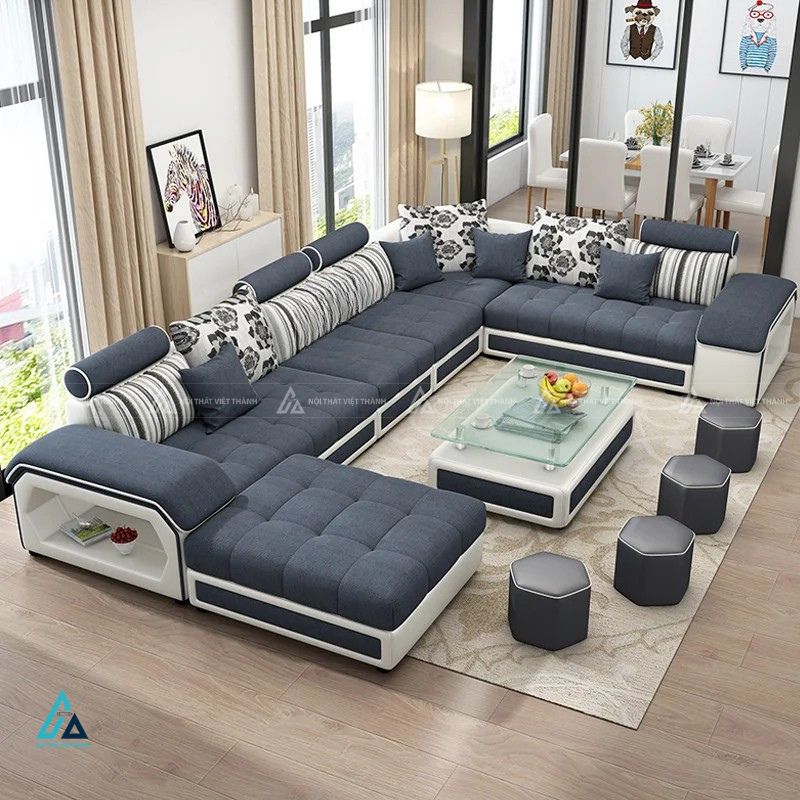 Sofa vải nỉ chữ u cao cấp tích hợp kệ trang trí hiện đại