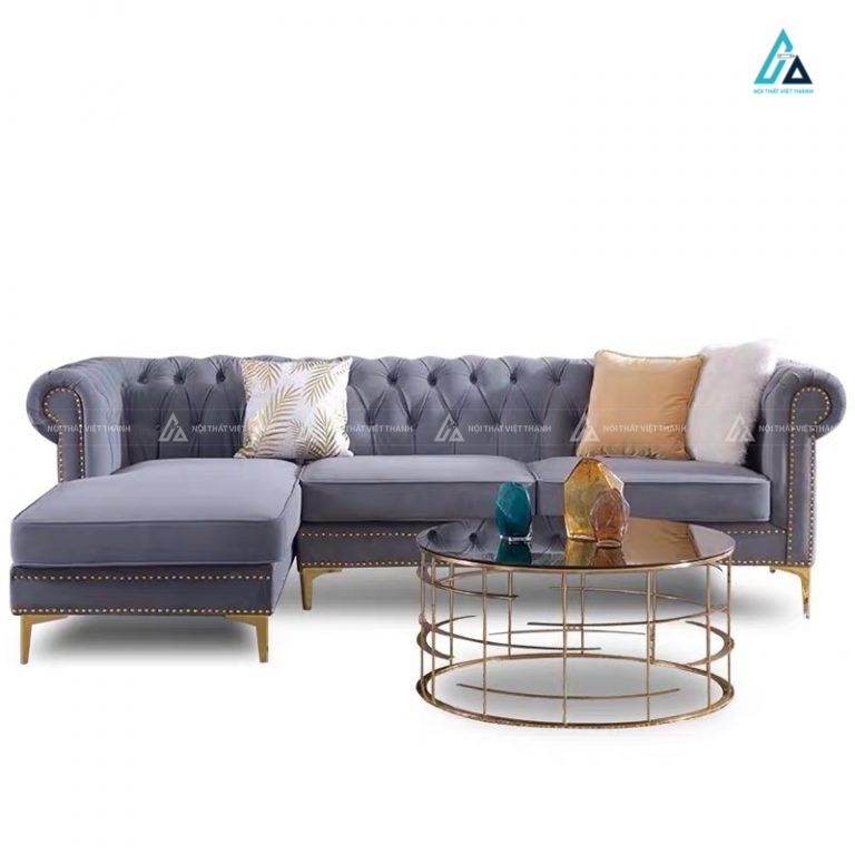 Sofa nỉ tân cổ điển rút múi sang trọng chân inox mạ vàng 2
