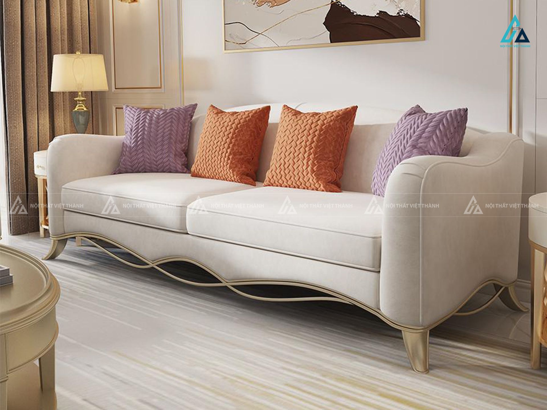Bộ bàn ghế sofa vải nỉ tân cổ điển kiểu dáng chân uốn lượn 1