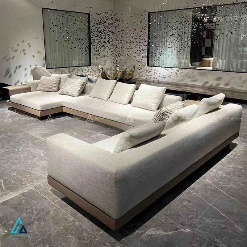Sofa vải nỉ chữ u hiện đại tích hợp bàn kệ gỗ sang trọng