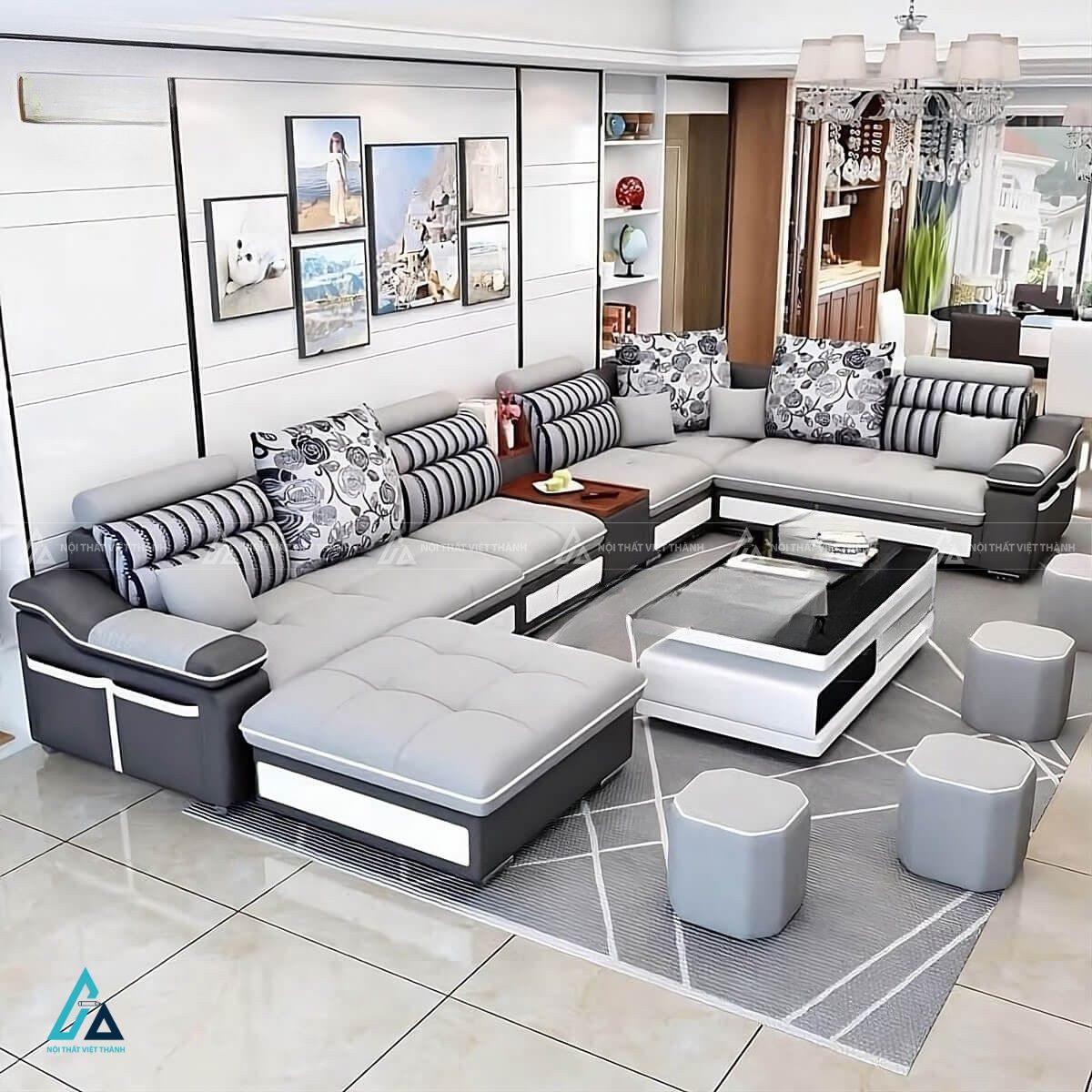 Bộ sofa nỉ chữ u cao cấp tích hợp ngăn kéo hiện đại
