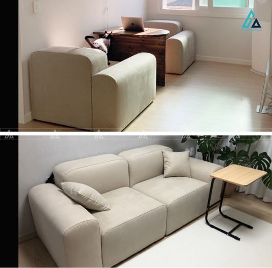 Sofa nỉ module dáng bệt tối giản kèm ghế đôn vuông hiện đại 1