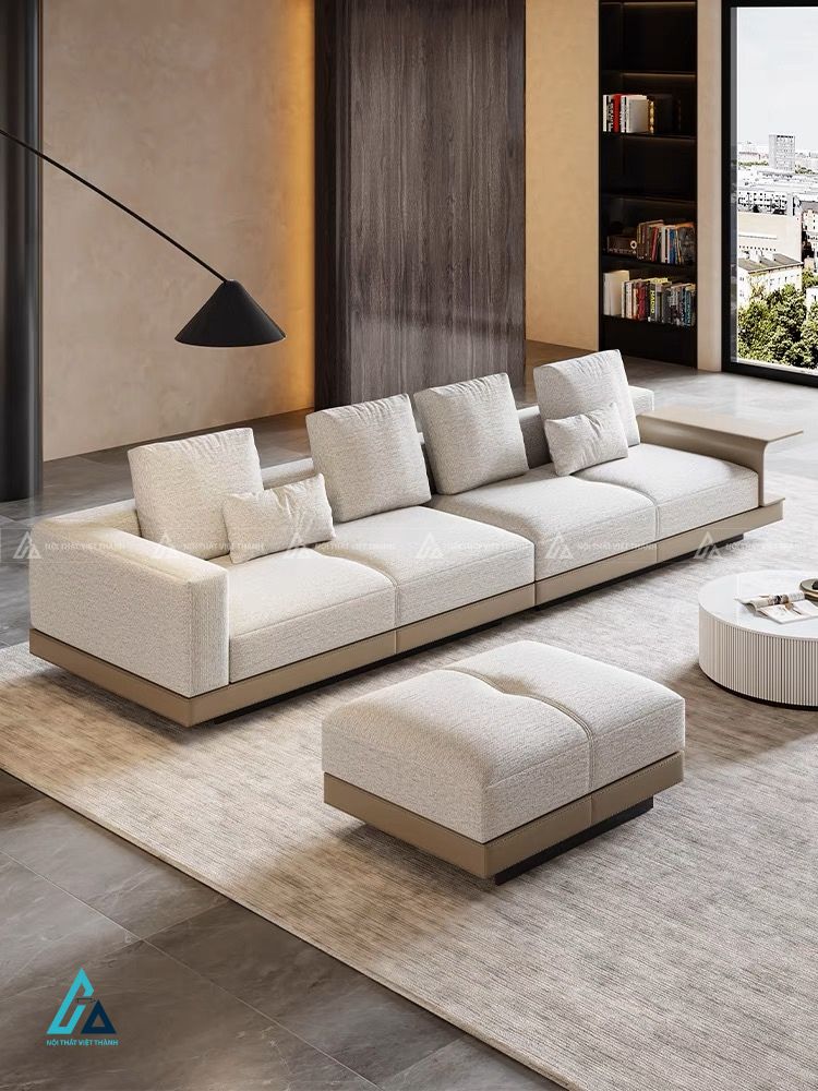 Sofa nỉ chữ l thiết kế đơn giản tích hợp kệ gỗ tiện dụng