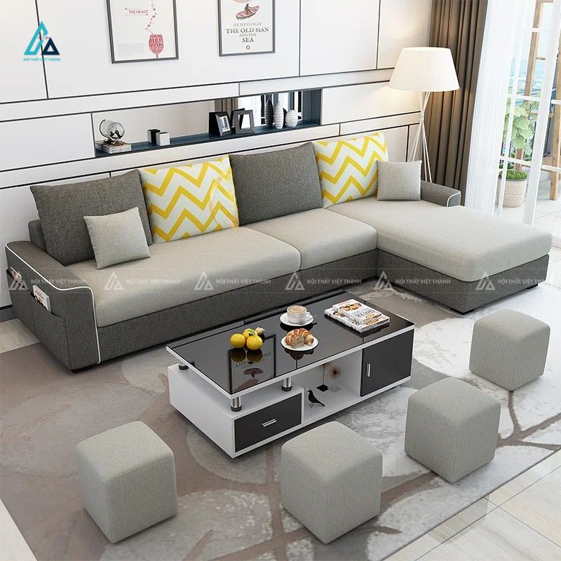Sofa vải nỉ chữ l hiện đại tích hợp túi đồ tiện lợi cho chung cư 1