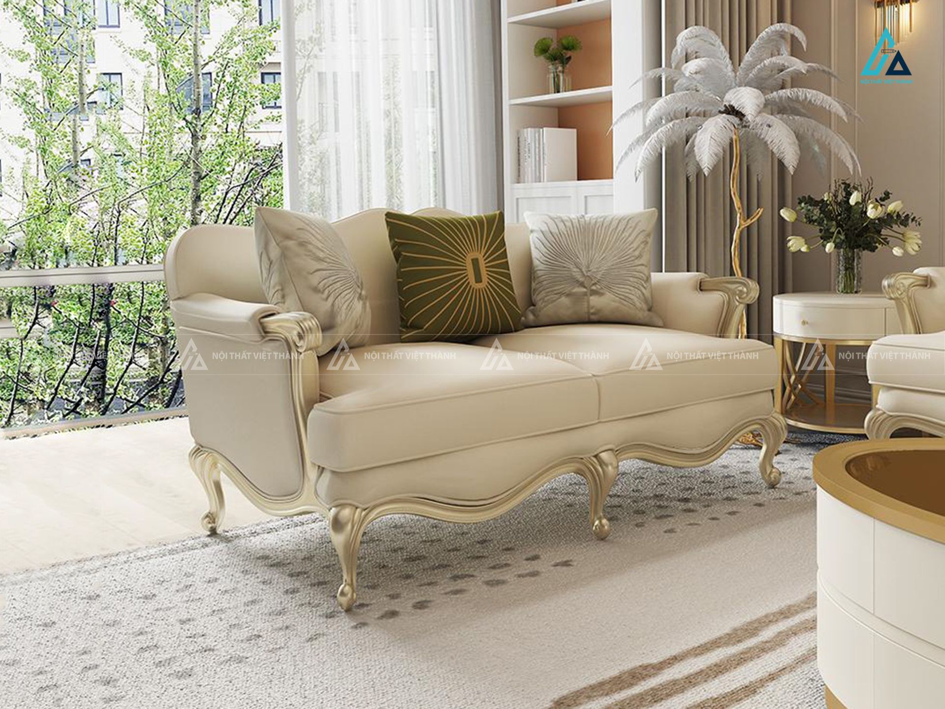 Bộ ghế sofa vải nỉ tân cổ điển chân uốn lượn sang trọng 1
