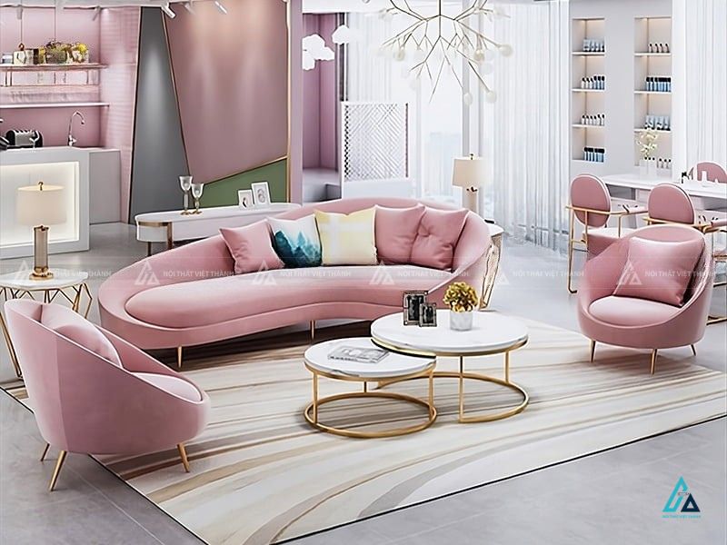 Sofa vải nỉ chân inox mạ vàng dáng cong nghệ thuật sang trọng