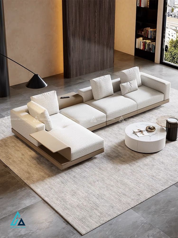 Sofa nỉ chữ l thiết kế đơn giản tích hợp kệ gỗ tiện dụng 2
