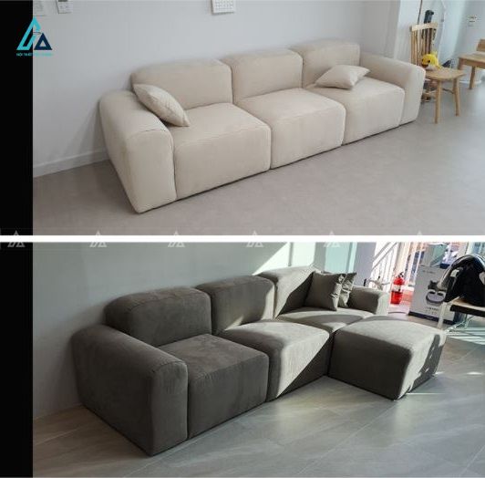 Sofa nỉ module dáng bệt tối giản kèm ghế đôn vuông hiện đại 2
