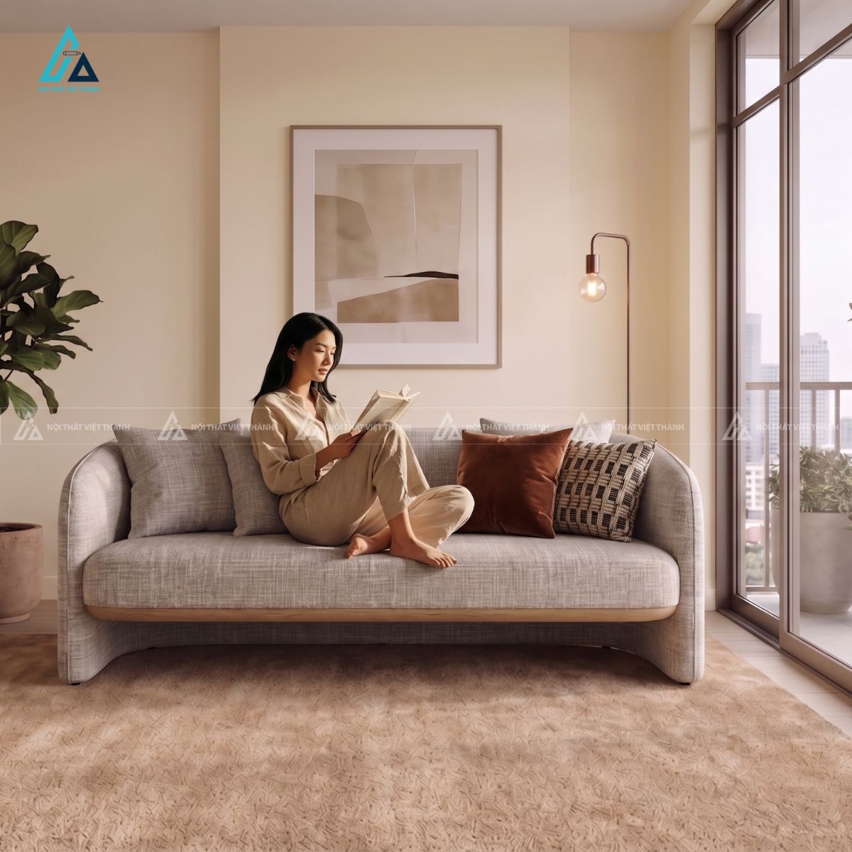 Sofa văng nỉ bo cong tinh tế chân gỗ hiện đại sang trọng 3