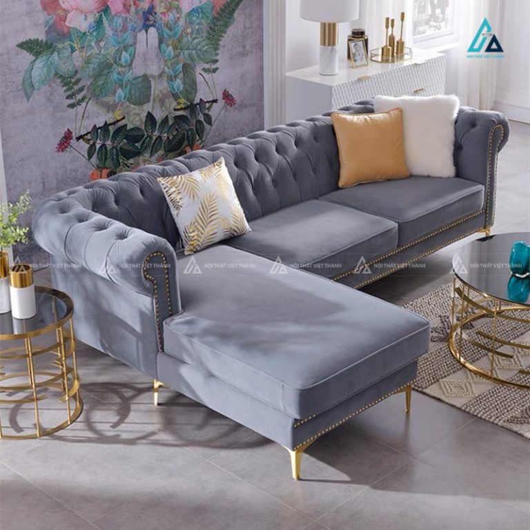 Sofa nỉ tân cổ điển rút múi sang trọng chân inox mạ vàng