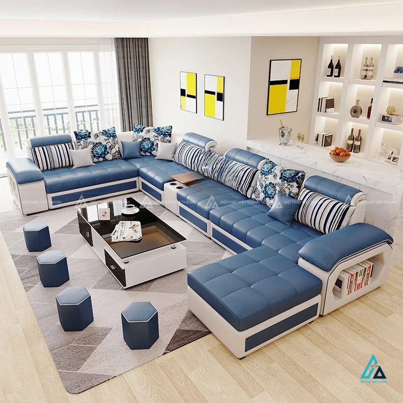Sofa vải nỉ chữ u cao cấp tích hợp kệ trang trí hiện đại 2