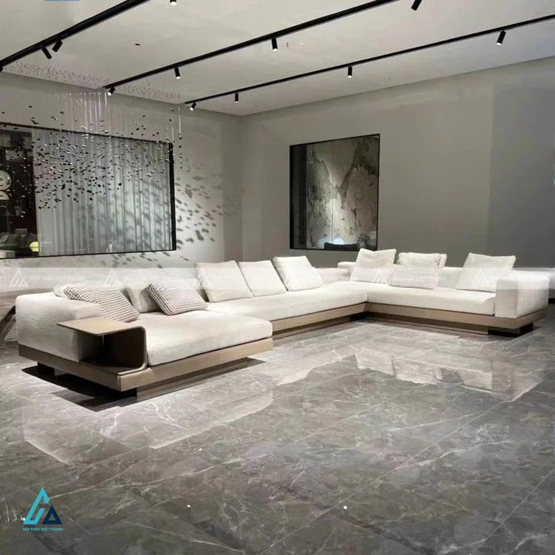 Sofa vải nỉ chữ u hiện đại tích hợp bàn kệ gỗ sang trọng 2