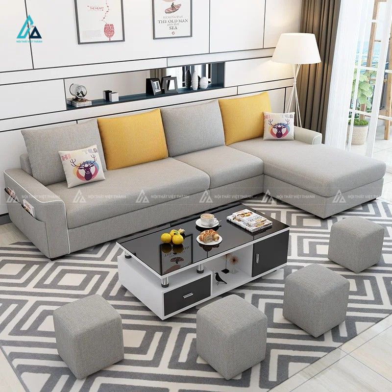 Sofa vải nỉ chữ l hiện đại tích hợp túi đồ tiện lợi cho chung cư 2